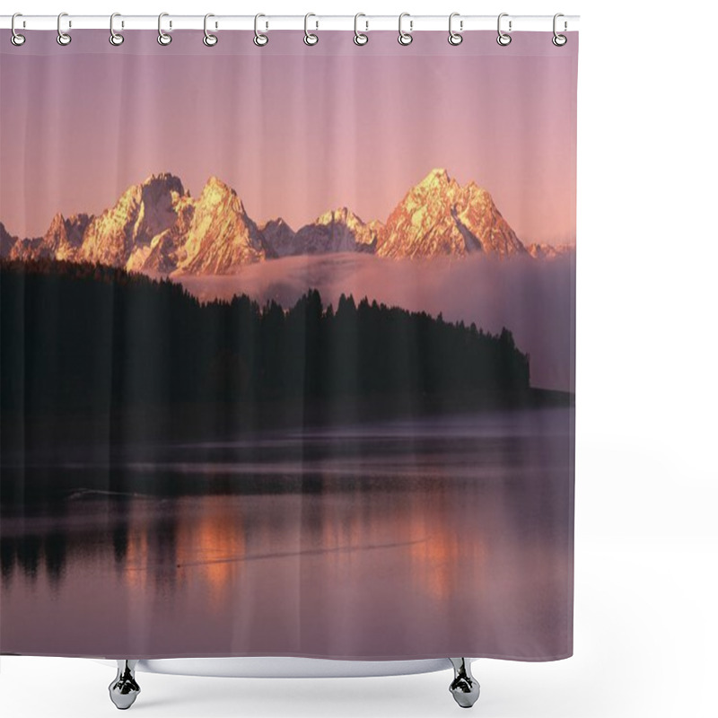 Personality  Grand Teton Mountains With Silhouetted Aspen Trees At Sunrise With Reflection In Jackson Lake, Grand Teton National Park Shower Curtains