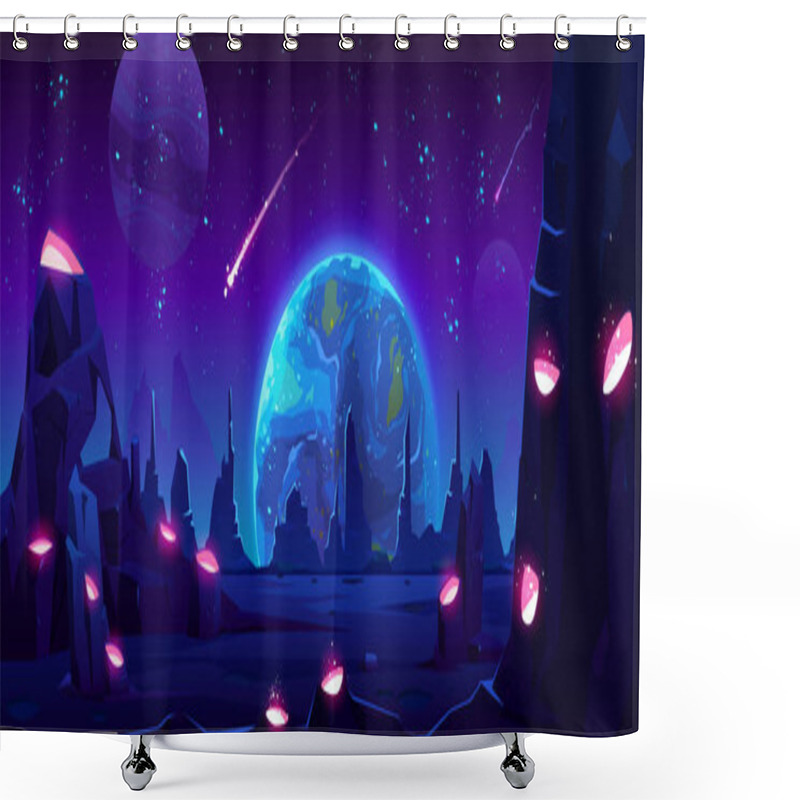 Personality  Earth View At Night From Alien Planet, Neon Space Shower Curtains