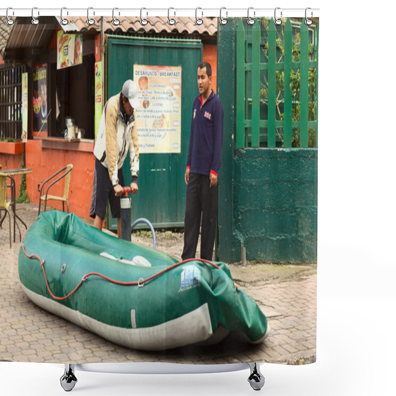 Personality  Inflating A Rubber Boat In Banos, Ecuador Shower Curtains