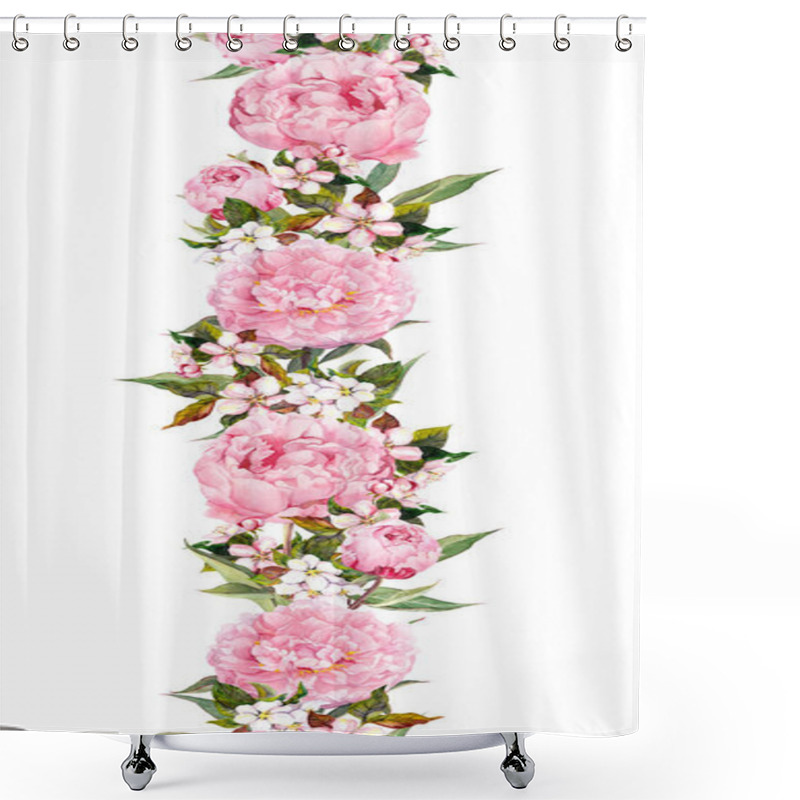 Personality  Floral Border - Peony And Cherry Blossom Flowers. Seamless Wedding Stripe. Watercolor Shower Curtains