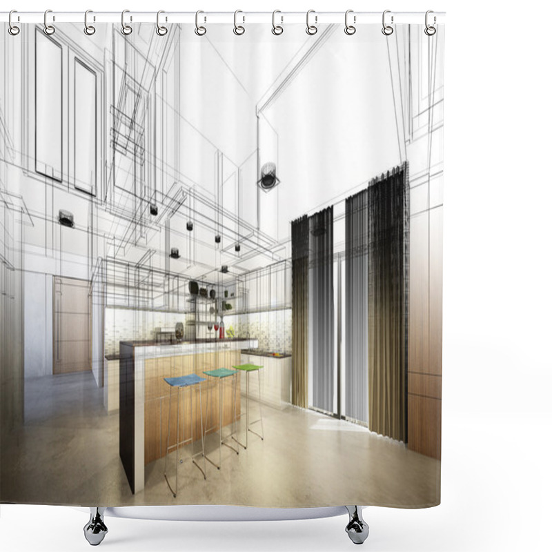 Personality  Abstract Sketch Design Of Interior Kitchen Shower Curtains