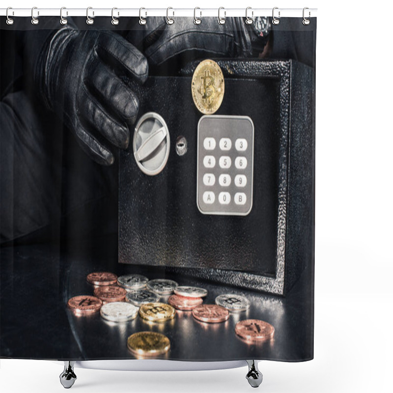 Personality  Close-up View Of Man Opening Safe With Bitcoin Cryptocurrency Shower Curtains