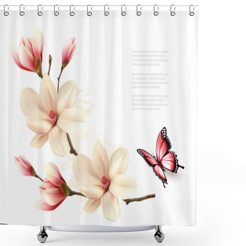 Personality  Beautiful White Magnolia Branch With A Butterfly. Vector. Shower Curtains