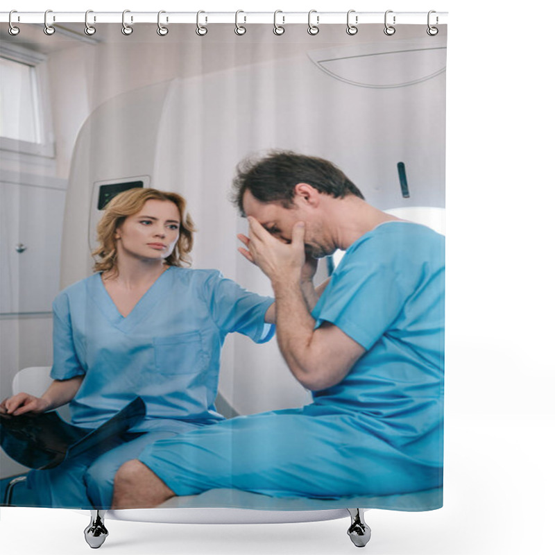 Personality  Upset Man Covering Face With Hands While Sitting Near Radiologist In Hospital Shower Curtains