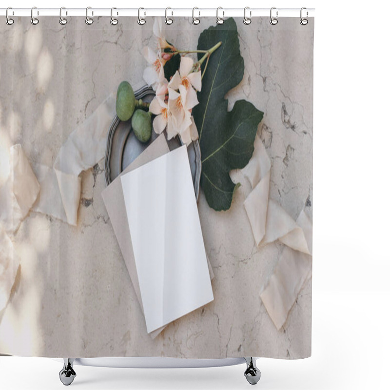 Personality  Summer Branding, Wedding Stationery. Mediterranean Design. Greeting Card, Invitation Mock Up On Vintage Silver Plate. Fig Fruit, Leaves And Oleander Flowers, Eige Marble Background. Flatlay, Top View Shower Curtains