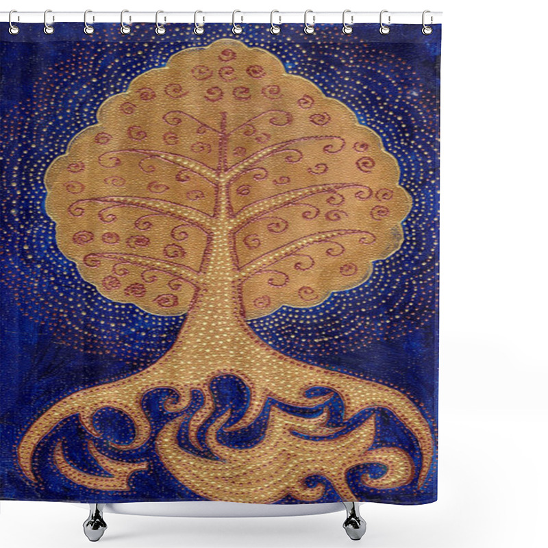 Personality  Golden Bodhi Tree Symbol On Dark Blue Background. Abstract Luxury Style Illustration. Hand Drawn Beautiful Tree Of Life With Stylized Roots. Fabulous Ethnic Design. Mystic Tribal Or Boho Concept. Shower Curtains