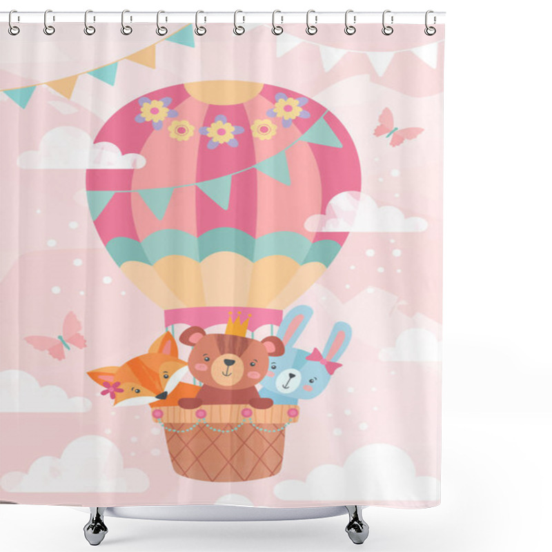 Personality  Cute Little Cartoon Animals In A Hot Air Balloon Shower Curtains