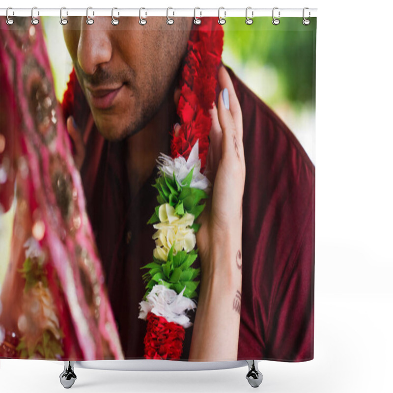 Personality  Cropped View Of Indian Bride Wearing Floral Garland On Bridegroom  Shower Curtains