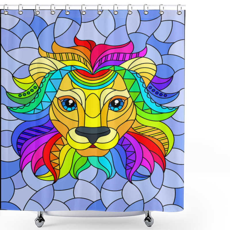 Personality  Illustration In The Style Of Stained Glass With Abstract Rainbow Lion Head On A Blue Background Rectangular Image Shower Curtains