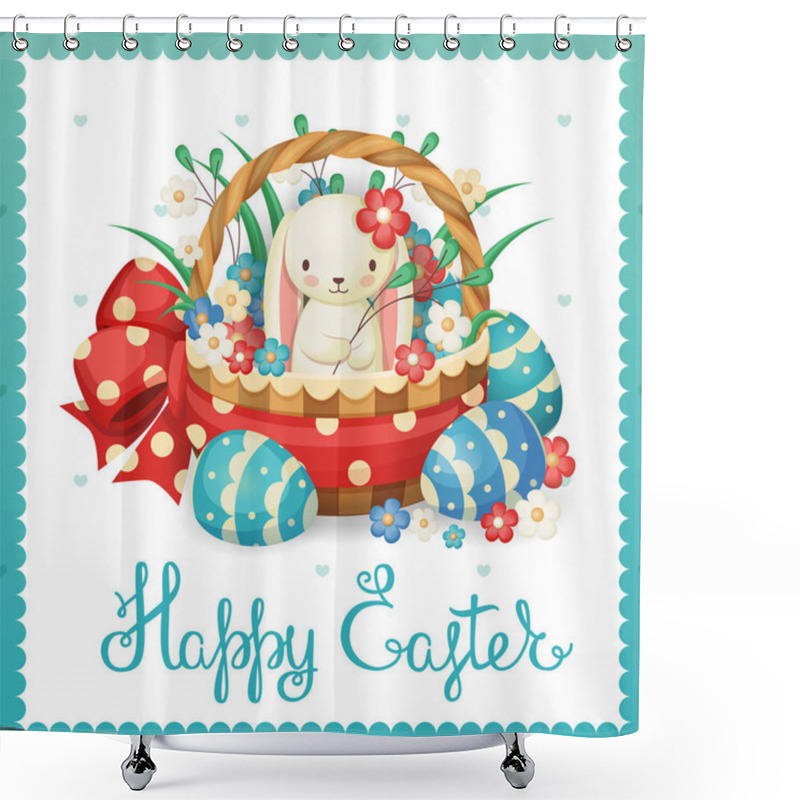 Personality  Vector Illustration For The Easter Holiday. Rabbit In A Basket With Flowers And Eggs. Shower Curtains