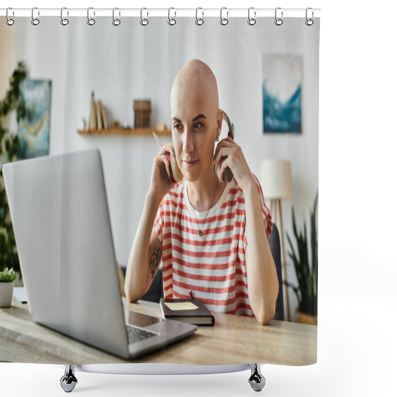 Personality  A Confident Woman Wears Headphones While Focused On Her Laptop During A Virtual Meeting. Shower Curtains