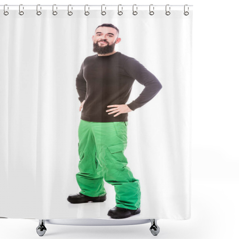 Personality  Smiling Man In Snowboarding Wear Shower Curtains