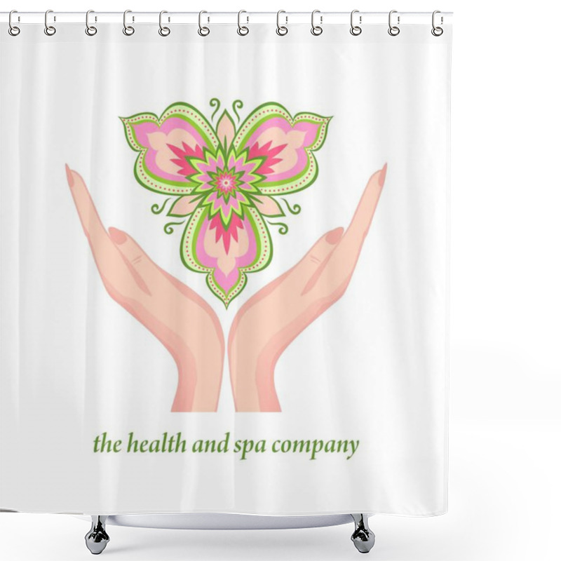 Personality  Logo Template With Female Hands Holding Beautiful Abstract Orchid Flower For Healthcare, Spa, Cosmetics, Beauty Industry Shower Curtains