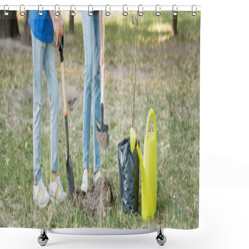 Personality  Cropped View Of Couple Digging Ground Near Young Tree And Watering Can, Ecology Concept, Banner Shower Curtains