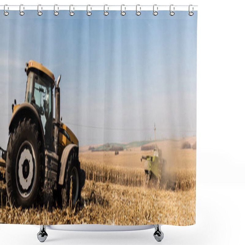 Personality  Panoramic Shot Of Tractors On Golden Field Against Blue Sky  Shower Curtains