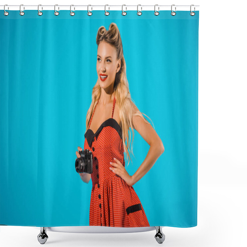 Personality  Portrait Of Beautiful Smiling Woman In Retro Dress With Photo Camera Isolated On Blue Shower Curtains