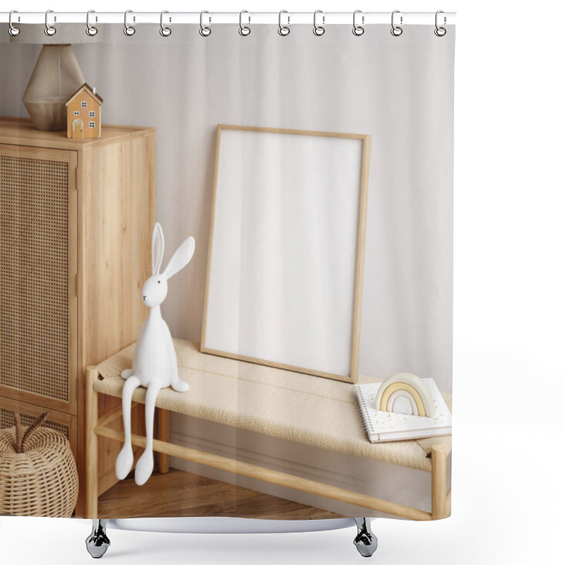 Personality  Mock Up Frame In Children Room With Natural Wooden Furniture, Scandi Boho Style Interior Background, 3D Render Shower Curtains