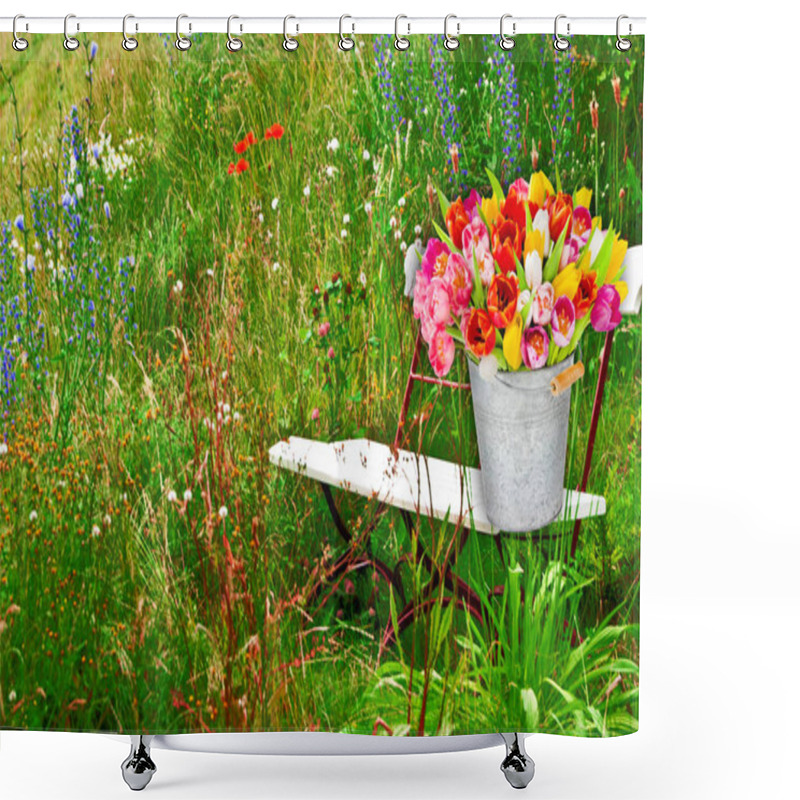 Personality  Spring Meadow With Bench And Bouquet Of Flowers Shower Curtains