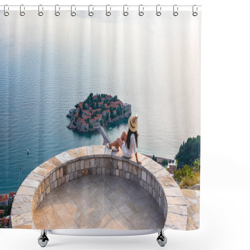 Personality  Woman Sitting On Viewpoint Near Saint Stephen Island In Adriatic Sea, Budva, Montenegro Shower Curtains