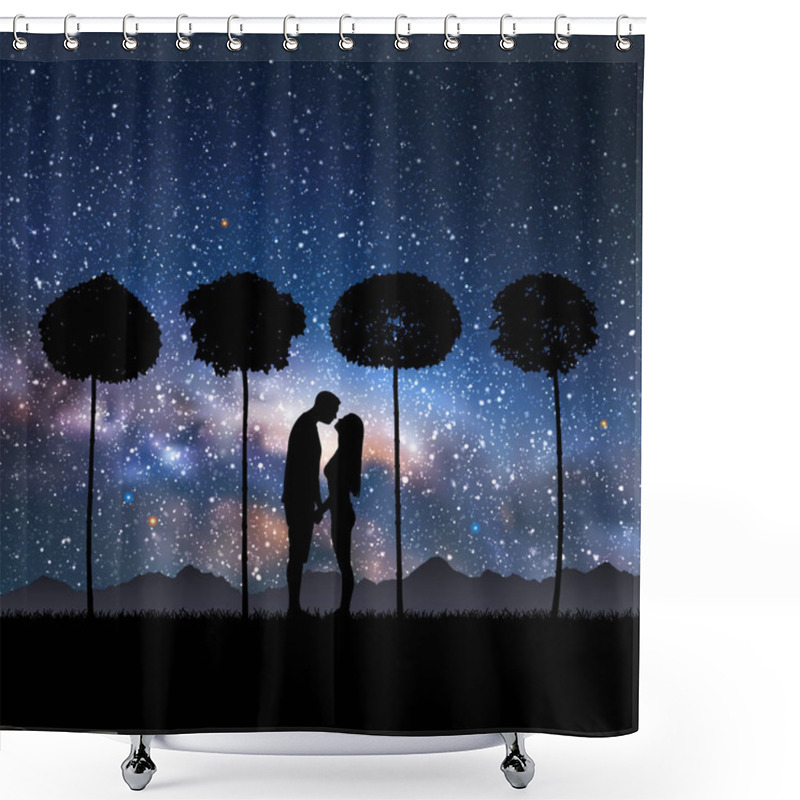 Personality  Lovers Couple And Trees In Park. People In Love. Milky Way, Night Sky Shower Curtains