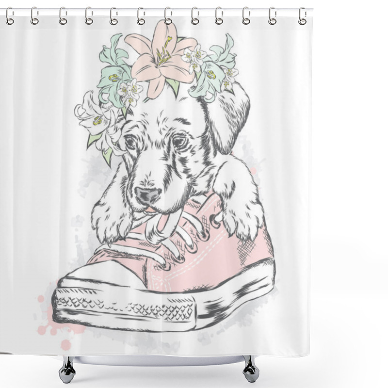 Personality  Cute Puppy Sitting In Gym Shoes. Vector Illustration For Greeting Card, Poster, Or Print On Clothes. Shower Curtains