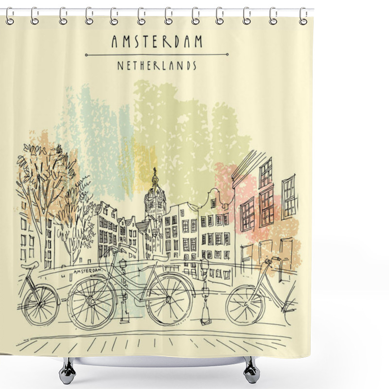 Personality  Bridge In Amsterdam, Holland, Netherlands Europe. Dutch Traditional Historical Buildings. Typical Dutch Houses And Bicycles. Hand Drawing. Travel Sketch. Book Illustration, Postcard, Poster In Vector Shower Curtains