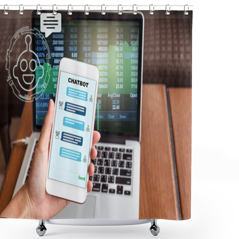 Personality  Female Hand Holding Mobile Phone Showing The Chatbot Message While Being Decided Place The Order Over The Stock Market Chart Over The Computer Laptop Screen, Business Investment With AI Concept Shower Curtains