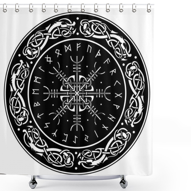 Personality  Viking Shield, Decorated With A Scandinavian Pattern Of Dragons And Aegishjalmur, Helm Of Awe Helm Of Terror , Icelandic Magical Staves Shower Curtains