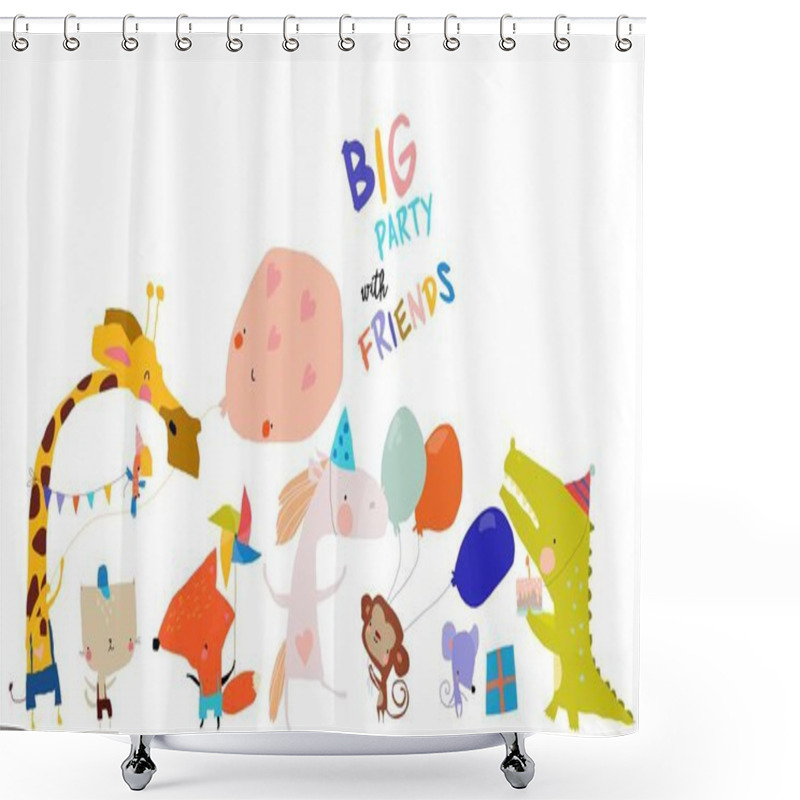 Personality  Birthday Card With Cute Animals Celebrating Holiday Shower Curtains