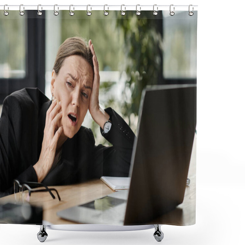 Personality  Woman In Distress, Holding Head At Cluttered Desk. Shower Curtains