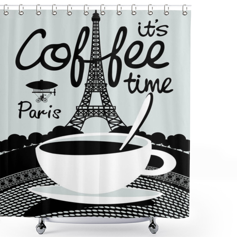 Personality  Vector Banner On The Theme Of Coffee And Travel With Handwritten Inscriptions And A Cup Of Coffee On The Background Of The Prague Landscape. Shower Curtains