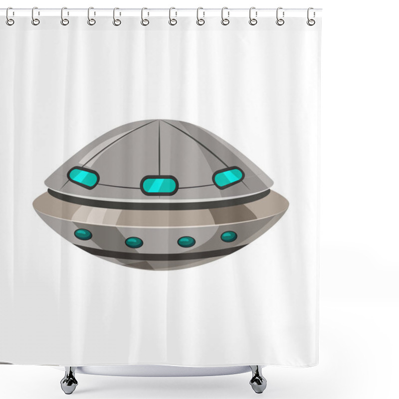 Personality  Ufo Flying Spaceship Isolated On White Cartoon Style. Alien Transport Futuristic. Vector Illustration, Baner, Poster Shower Curtains