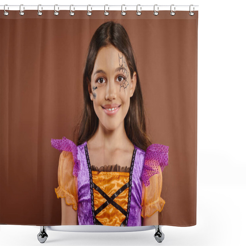 Personality  Adorable Girl In Halloween Costume And Spiderweb Makeup Smiling On Brown Backdrop, Trick Or Treat Shower Curtains