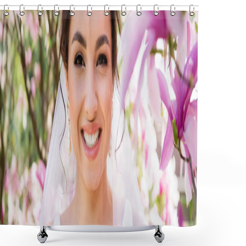 Personality  Young Brunette Bride In Veil Looking At Camera Near Blooming Magnolia, Banner  Shower Curtains