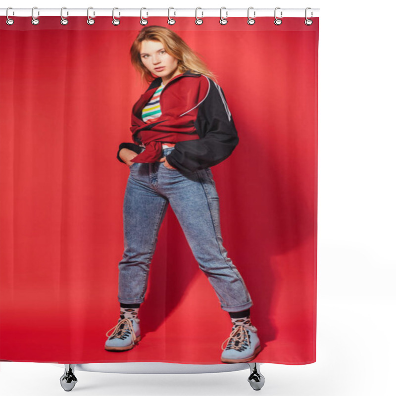 Personality  Fashion Portrait Of Trendy Young Woman In Retro Style Clothes Shower Curtains