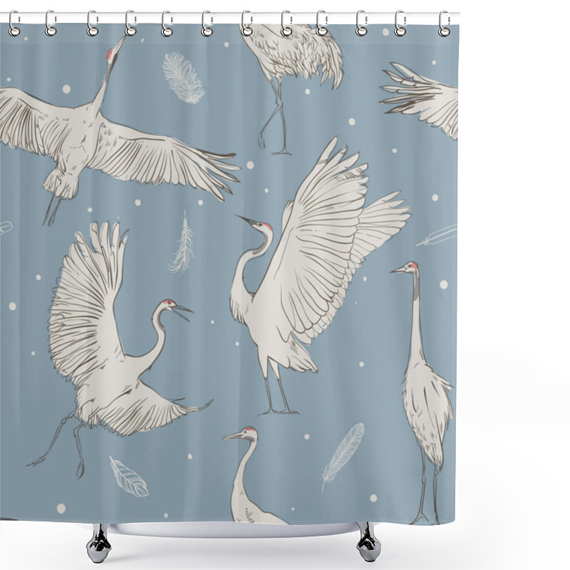 Personality  Seamless Pattern With White Cranes Shower Curtains