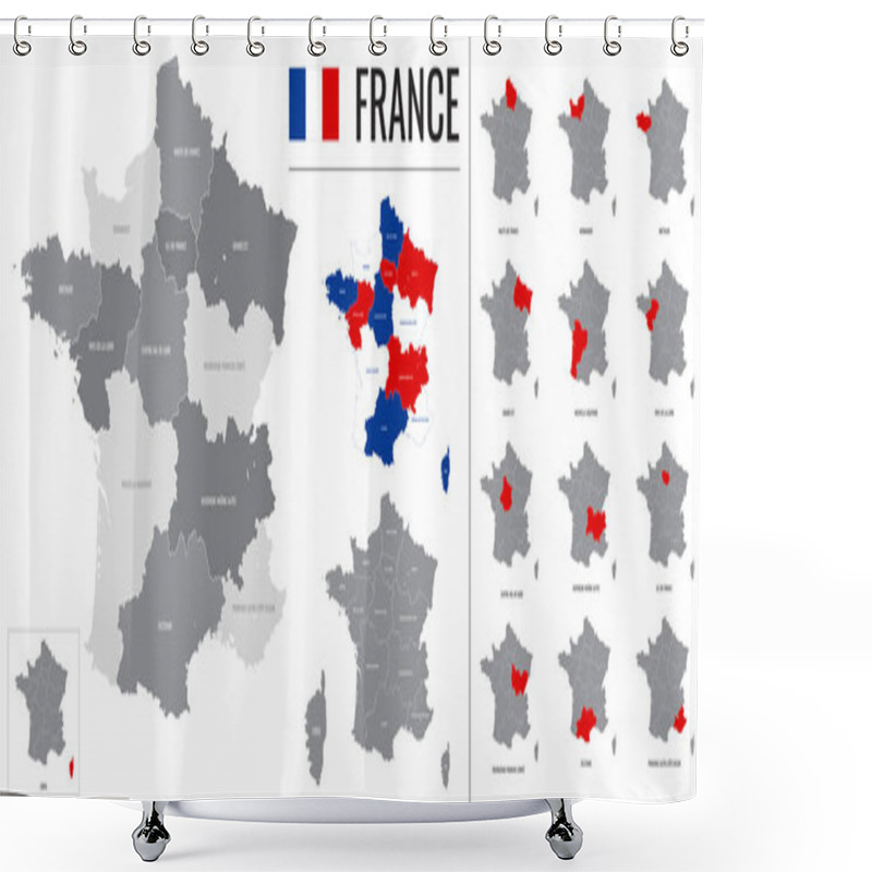 Personality  Detailed Vector Map Of Regions Of France With Flag Shower Curtains