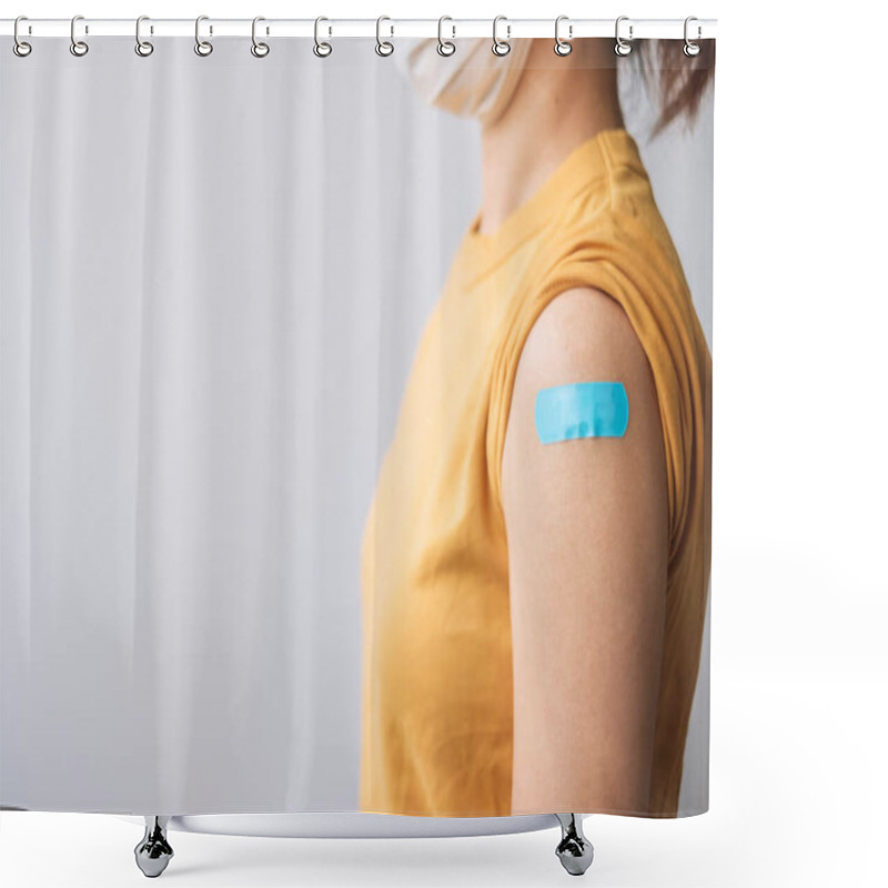 Personality  Woman Showing Bandage After Receiving Covid 19 Vaccine. Vaccination, Herd Immunity, Side Effect, Booster Dose, Vaccine Passport And Coronavirus Pandemic Shower Curtains