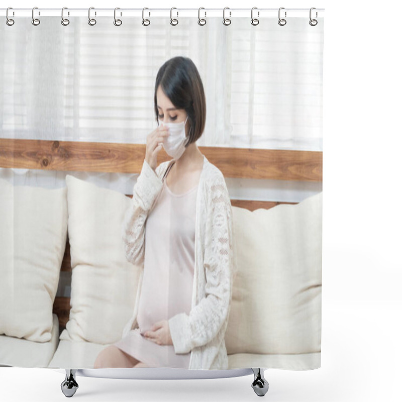 Personality  Asian Pregnant Women Wearing Surgical Medical Mask Due To Illness, Dizziness ,pandemic Wuhan Coronavirus (COVID-19) Health Care Concept. Shower Curtains