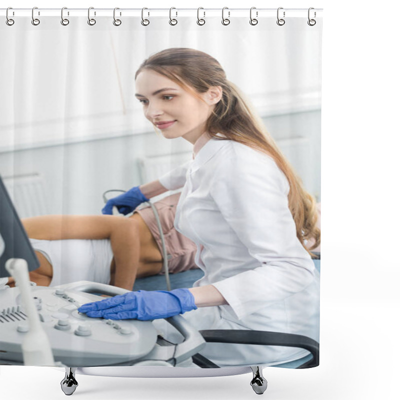 Personality  Young Professional Doctor Examining Kidney Of Female Patient With Ultrasound Scan  Shower Curtains