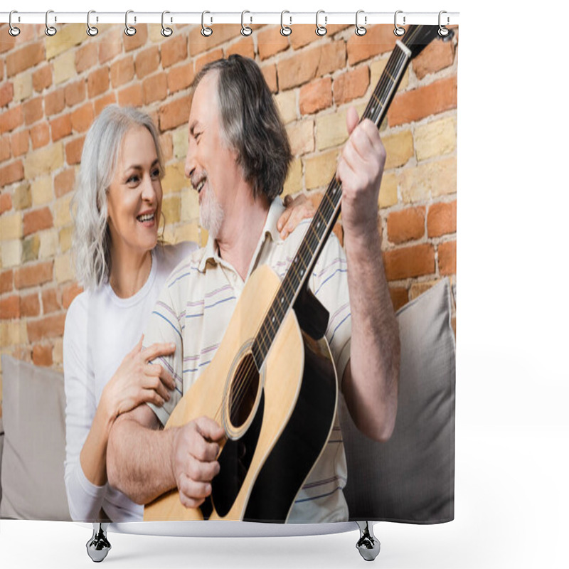 Personality  Happy And Mature Man Playing Acoustic Guitar Near Cheerful Wife  Shower Curtains