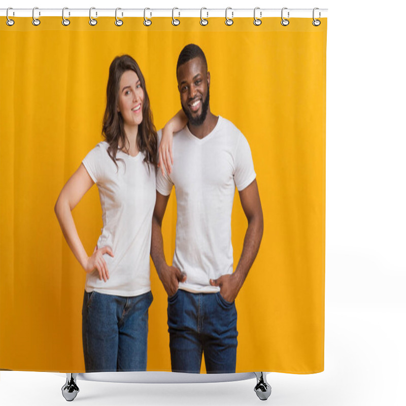 Personality  Happy Millennial Girl And Afro Guy Posing Together Over Yellow Background Shower Curtains