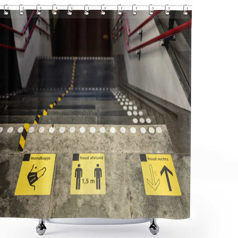 Personality  ALMELO, NETHERLANDS - Jul 28, 2020: Signs In Train Station Stairs Spelling Out Behaviour Conduct Rules During COVID-19 Virus Outbreak. TRANSLATION: 'FACE MASK. KEEP DISTANCE. KEEP RIGHT' Shower Curtains