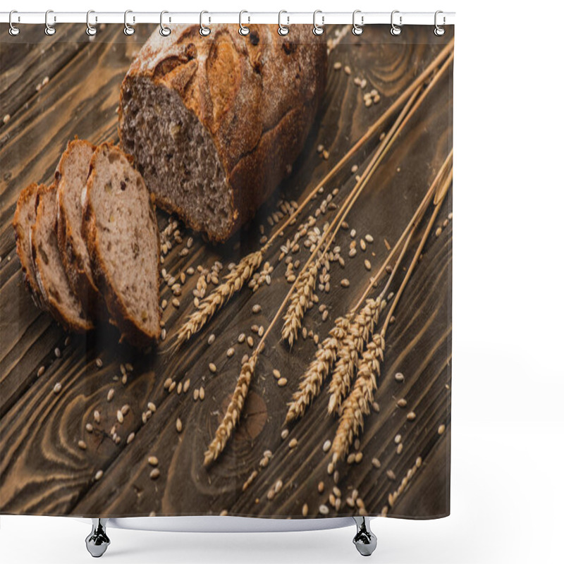 Personality  Cut Fresh Baked Bread With Spikelets On Wooden Surface Shower Curtains