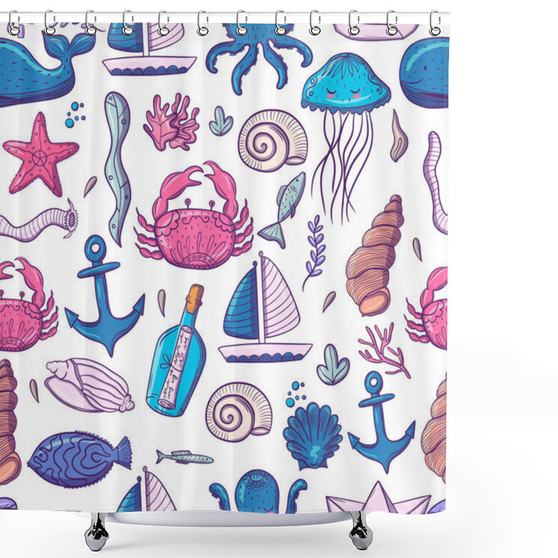 Personality  Marine Inhabitants. Fish. Stickers. Cute Characters In A Modern Style. For Your Design. Shower Curtains