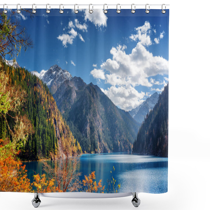 Personality  Beautiful View Of The Long Lake Among Mountains And Fall Woods Shower Curtains