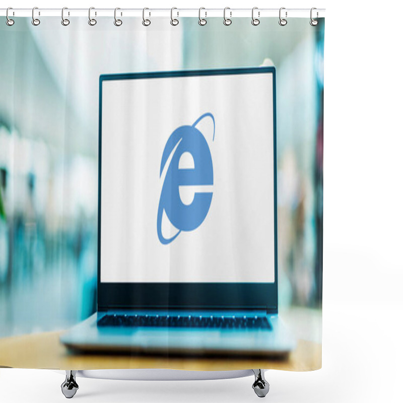 Personality  POZNAN, POL - MAY 1, 2021: Laptop Computer Displaying Logo Of Internet Explorer, A Web Browser Developed By Microsoft And Included In The Microsoft Windows Line Of Operating Systems Shower Curtains