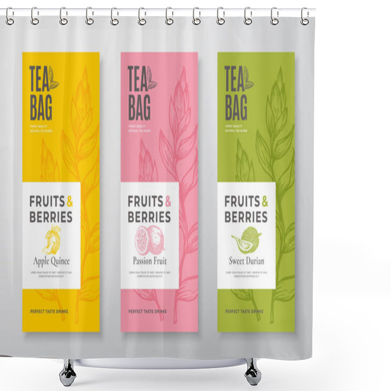 Personality  Exotic Fruits Tea Labels Set. Vector Packaging Design Layouts Bundle. Modern Typography, Hand Drawn Tea Leaves, Quince, Passion Fruit And Durian Silhouettes Background. Beverage Banners. Isolated Shower Curtains