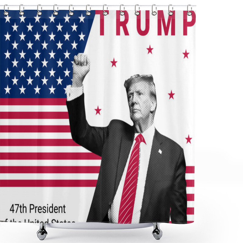 Personality  Donald Trump 47th President Of The USA. Illustrative Collage With Halftones. Shower Curtains