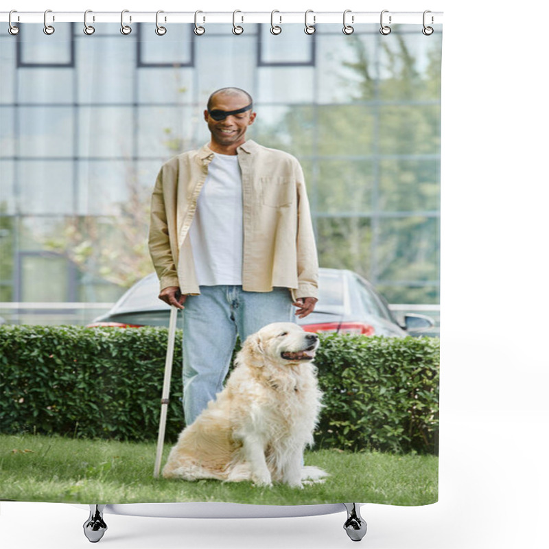 Personality  A Disabled African American Man Standing Alongside A Labrador Dog On A Lush Green Field, Symbolizing Harmony And Inclusivity. Shower Curtains